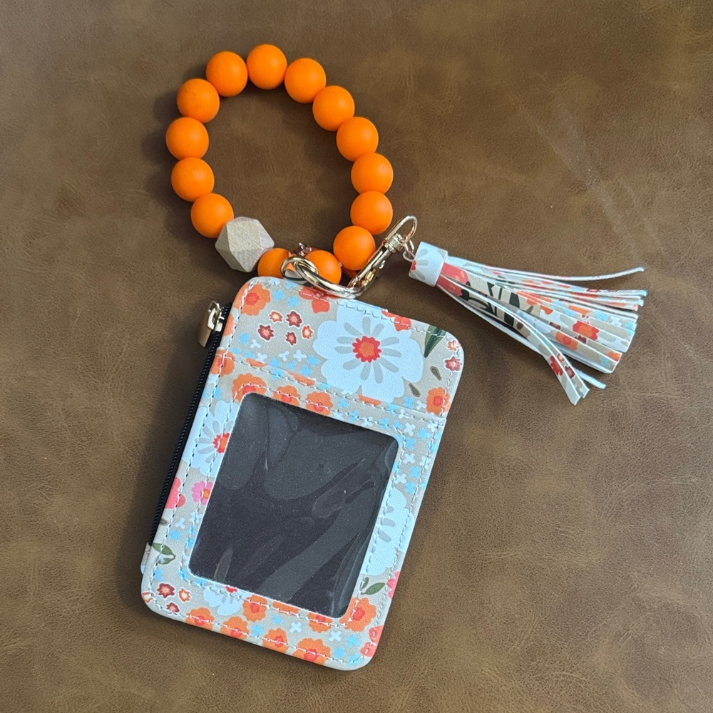 Floral Card Holder with Orange Beaded Keychain - Picture 2 of 3